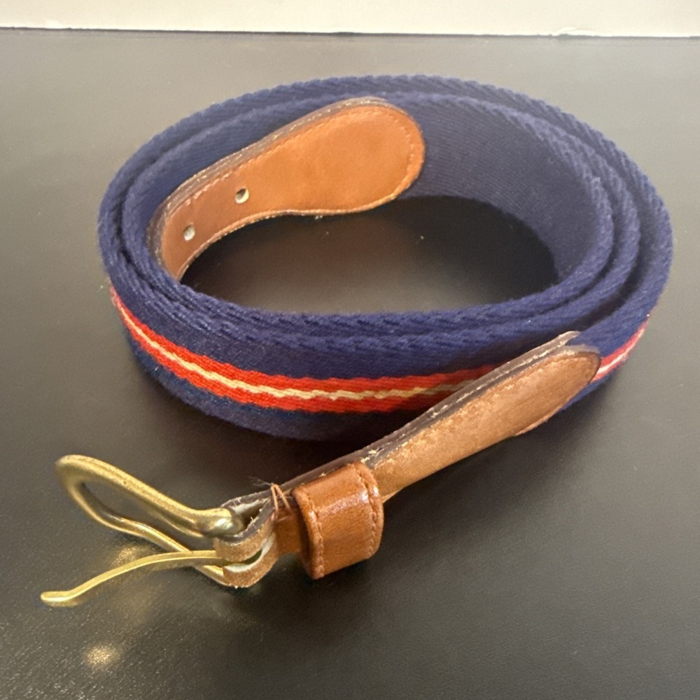 Vintage‎ Wool Suringle Belt 38 95 Navy Red White Stripe Brass Buckle Taiwan